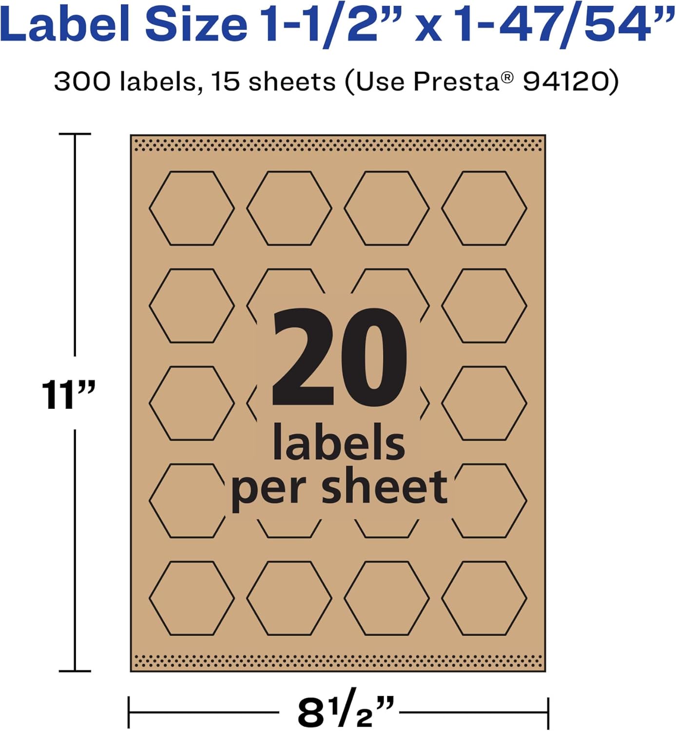 Avery Kraft Brown Hexagon Labels, Sure Feed Technology, 1-1/2" x 1-47/54", 300 Kraft Brown Labels, Print-to-The-Edge