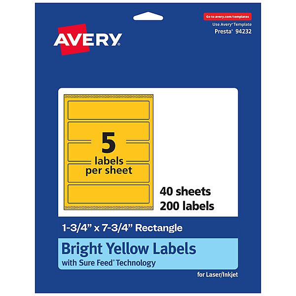 AVERY Printable Rectangle Labels, Sure Feed Technology, 1-3/4" x 7-3/4", Bright Yellow, Print-to-The-Edge