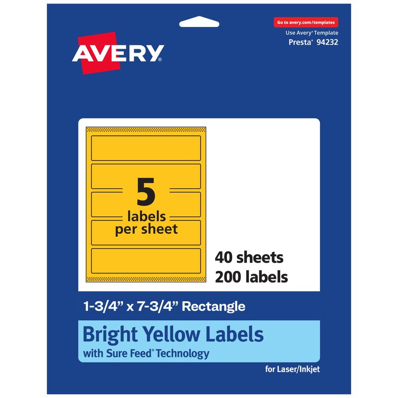 AVERY Printable Rectangle Labels, Sure Feed Technology, 1-3/4" x 7-3/4", Bright Yellow, Print-to-The-Edge