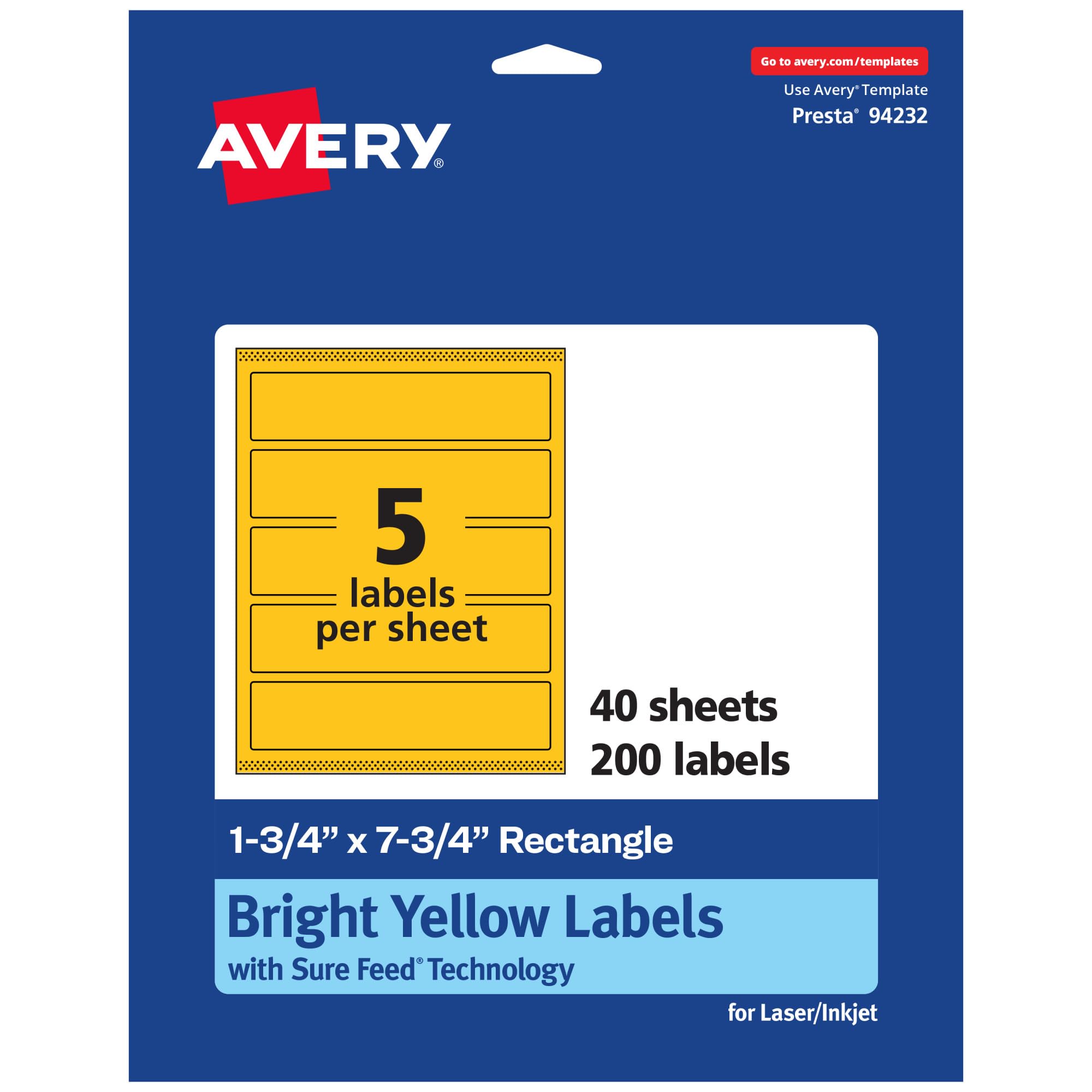 AVERY Printable Rectangle Labels, Sure Feed Technology, 1-3/4" x 7-3/4", Bright Yellow, Print-to-The-Edge