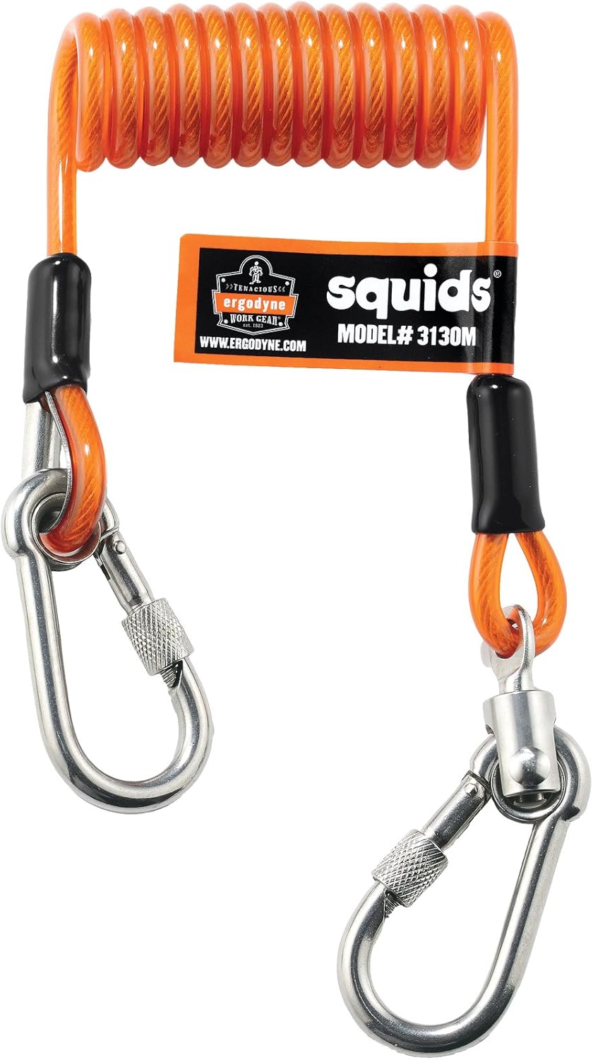 Ergodyne Squids 3130M Coiled Cable Tool Lanyard with Dual Stainless Steel Carabiners, 5 Pounds Medium