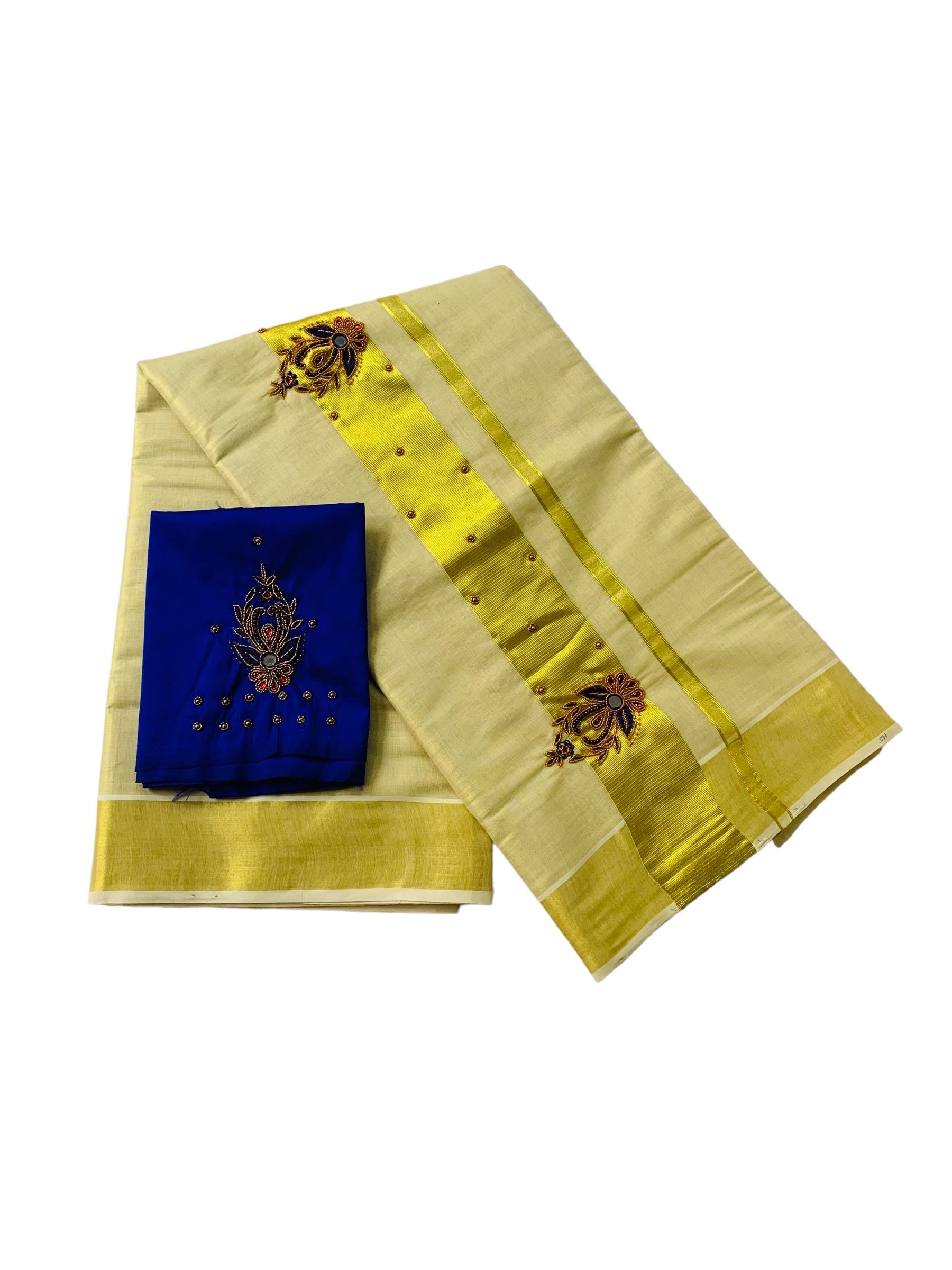 ALLUVY Kuthampully Kerala Kasavu Sarees For Women | Handcrafted Aari work Kerala Sarees | Tissue Onam Saree With Running Blouse | South Indian Sarees | Women's Zari Kasavu | EKM-528 (Blue)
