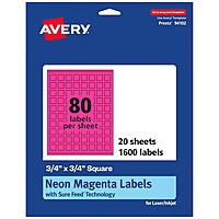Avery Printable Square Labels, Sure Feed Technology, 3/4 x 3/4, Neon Magenta, Print-to-the-Edge, Laser/Inkjet