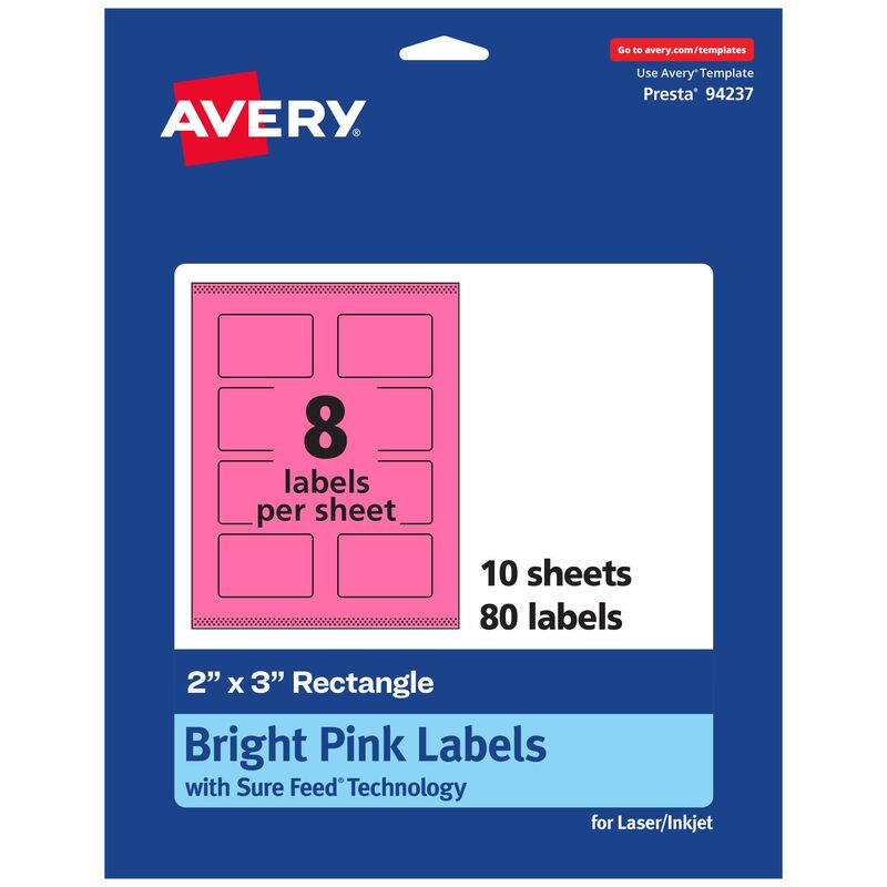 Avery Printable Rectangle Labels, Sure Feed Technology, 2" x 3", Bright Pink, Print-to-the-Edge, Laser/Inkjet Printable