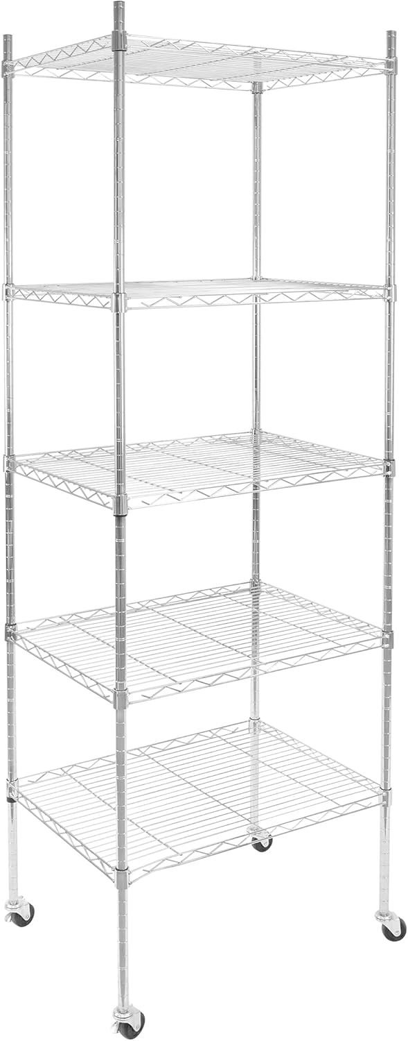 Mount-It! 5 Tier Chrome Wire Shelving on Wheels, Versatile, Adjustable Shelf Height Metal Storage Organizer for Kitchen