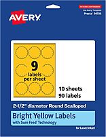 Avery Printable Round Scalloped Labels, Sure Feed Technology, 2.5" Diameter, Bright Yellow Labels, Print-to-The-Edge