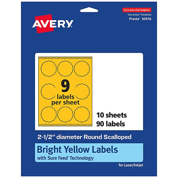 Avery Printable Round Scalloped Labels, Sure Feed Technology, 2.5" Diameter, Bright Yellow Labels, Print-to-The-Edge
