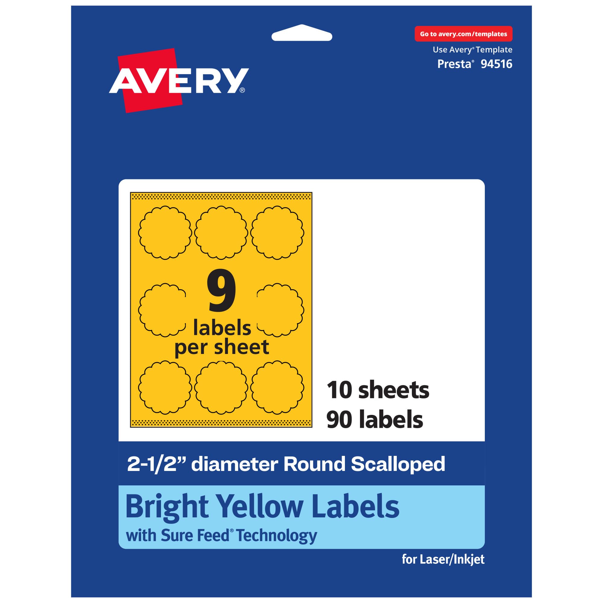 Avery Printable Round Scalloped Labels, Sure Feed Technology, 2.5" Diameter, Bright Yellow Labels, Print-to-The-Edge