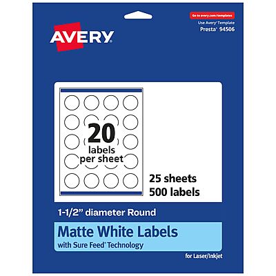 Avery Matte White Round Labels, Sure Feed Technology, 1.5" Diameter