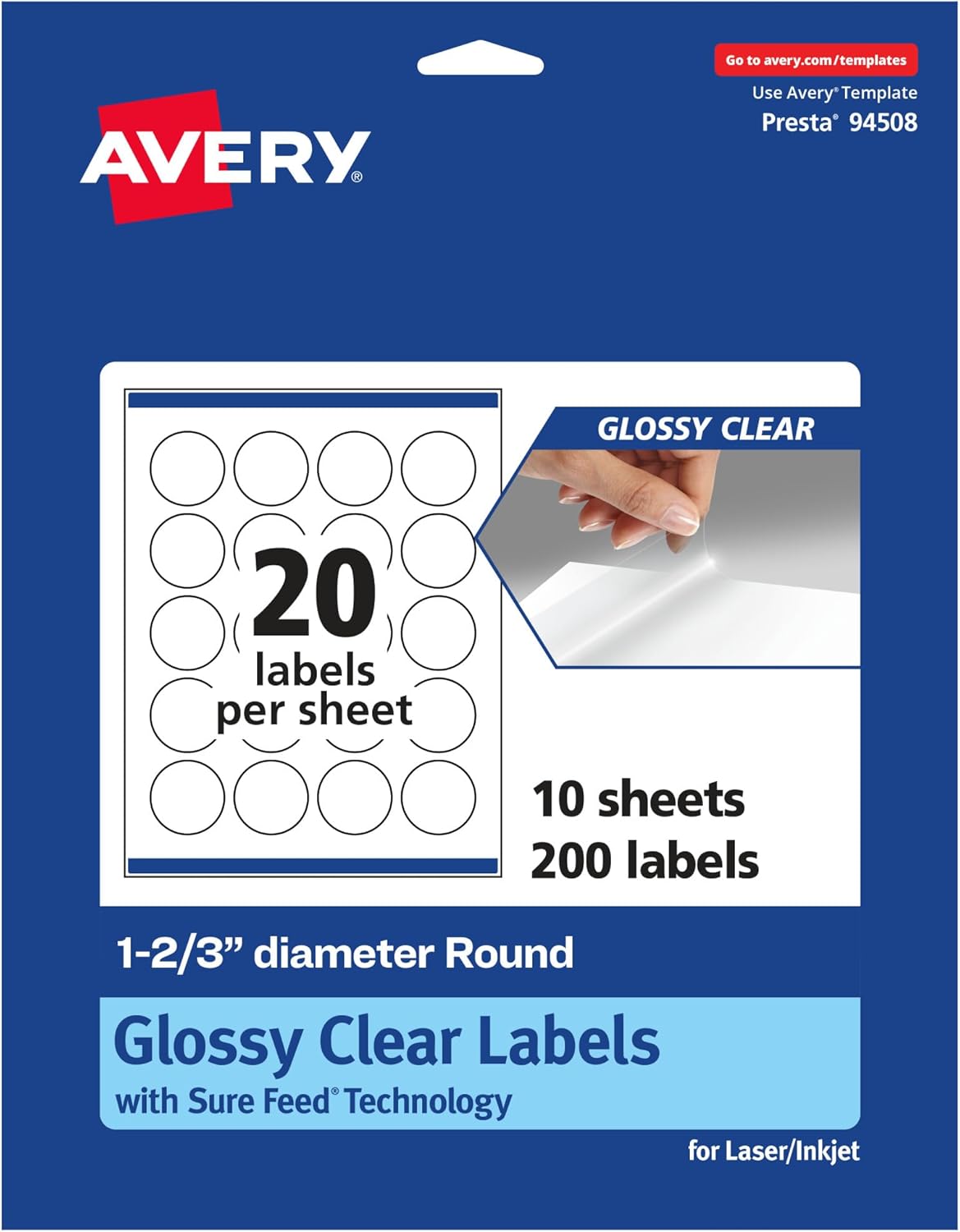 Avery Glossy Clear Round Labels, Sure Feed Technology, 1-2/3" Diameter, 200 Glossy Clear Labels, Print-to-The-Edge