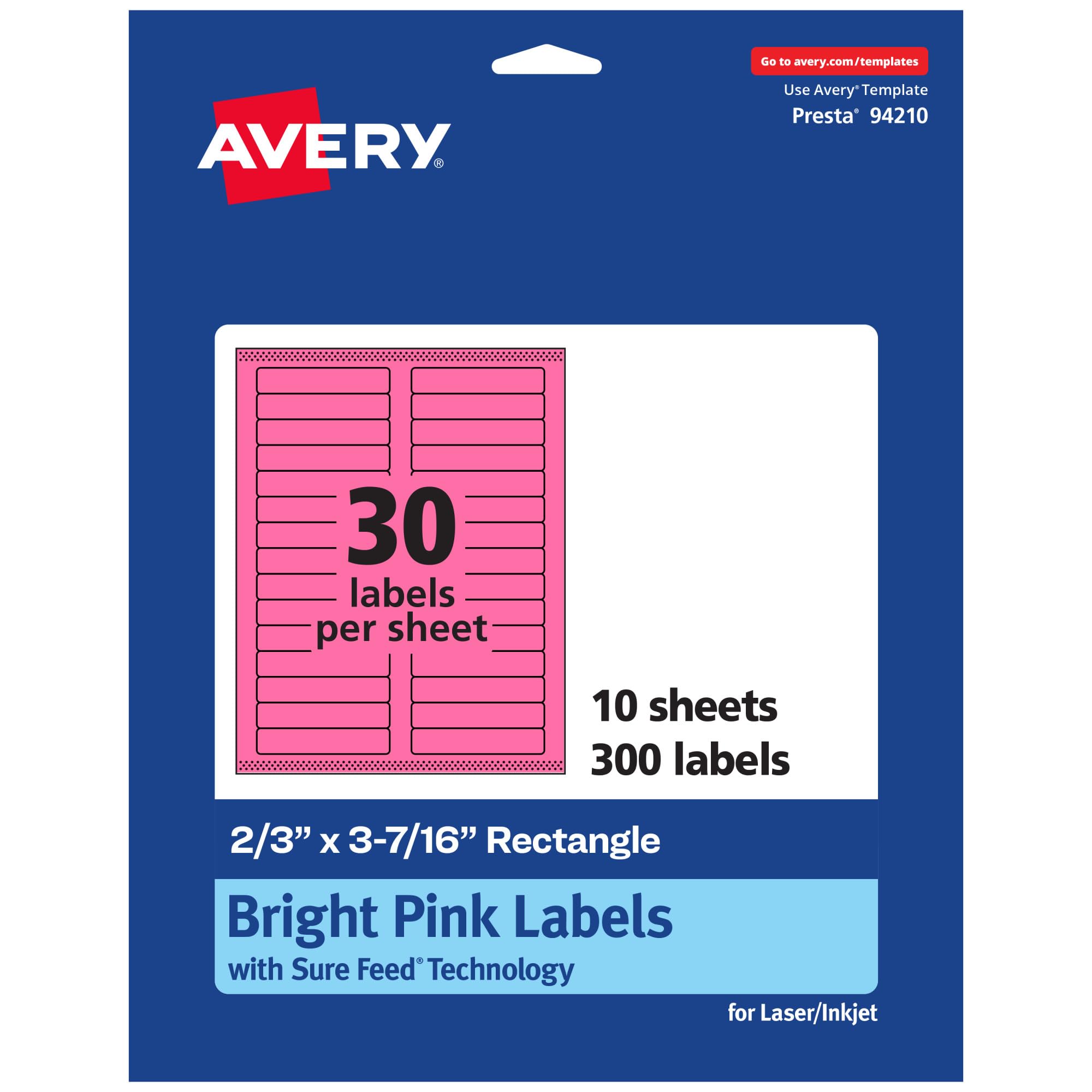 Avery Printable Rectangle Labels, Sure Feed Technology, 2/3" x 3-7/16", Bright Pink Labels, Laser/Inkjet Printable