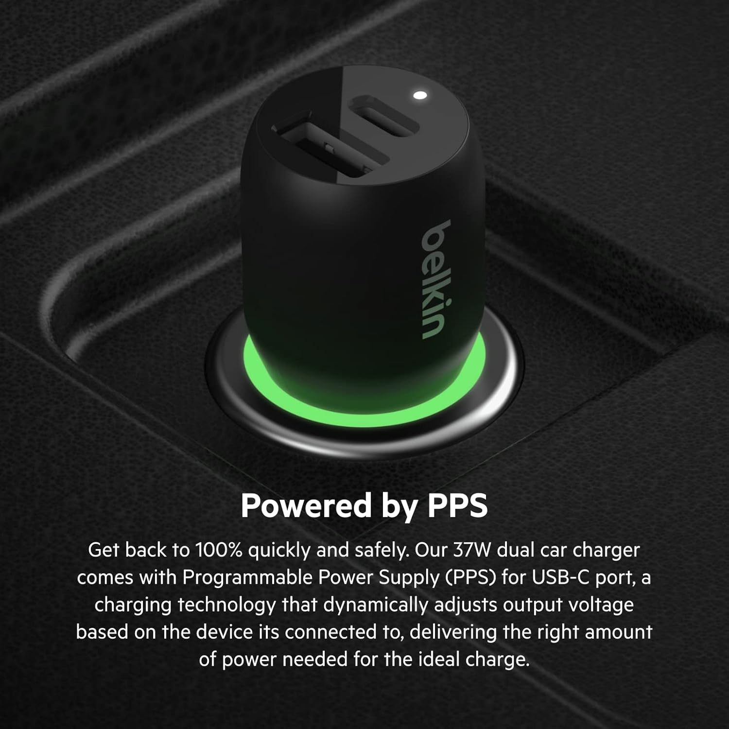 Belkin 37W Dual Port Fast Car Charger with 3.3ft USB-C Cable Included, USB-C 25W PPS Port and USB-A 12W Port for Galaxy S23