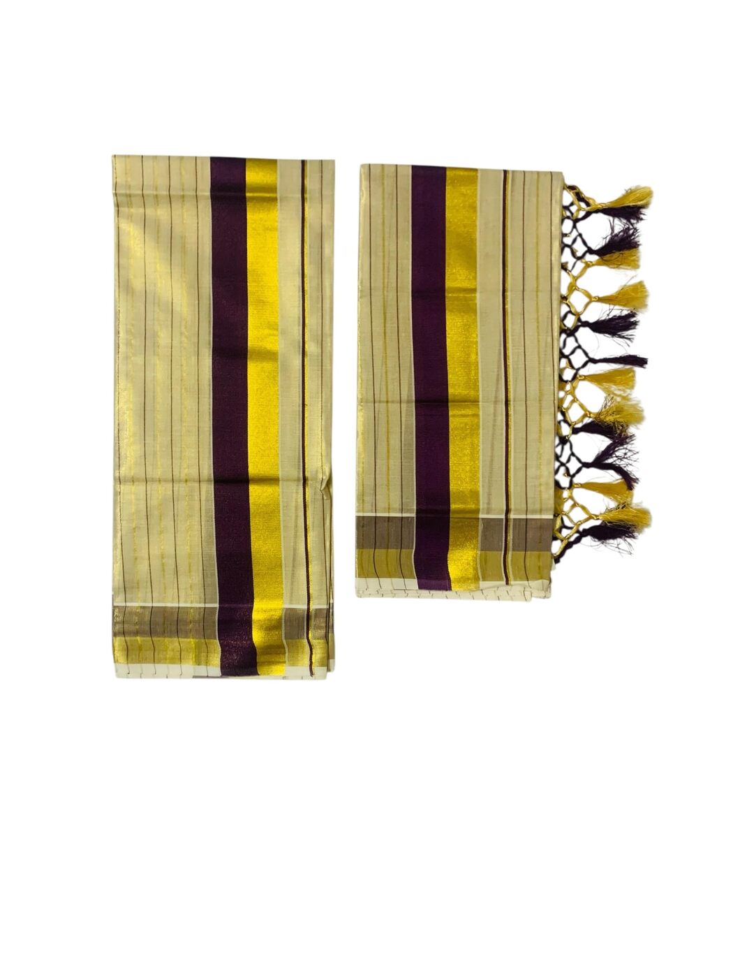 Women's Kuthampully Kerala Kasavu Set mundu Tissue with Kunjam | Kerala Tissue set mundu latest collections | Kuthampully Stripe Kasavu set mundu - Multi color KTM-902 (WineRed-Gold)