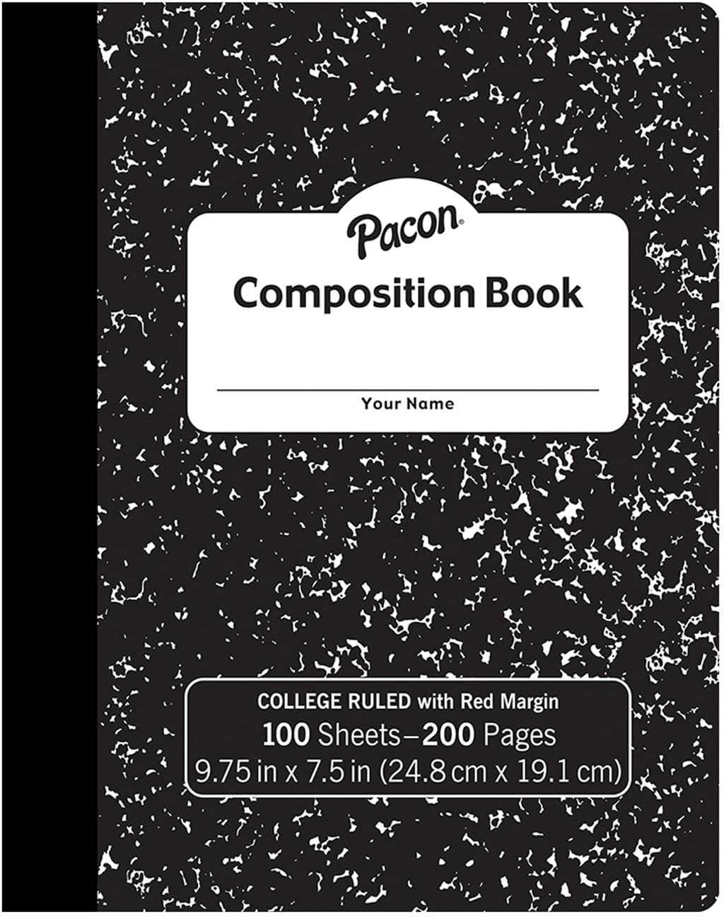 Pacon Composition Book, 9-13/16in x 7-1/2in, College Rule, 100 Sheets, Black Marble