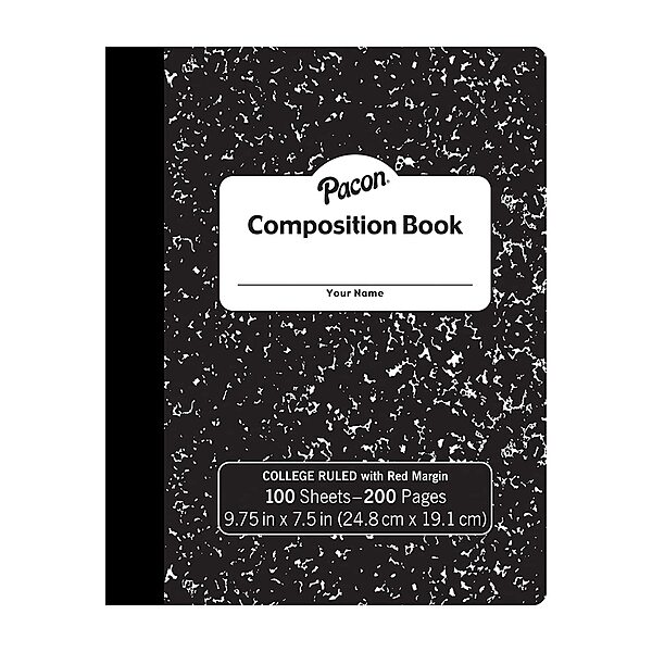 Pacon Composition Book, 9-13/16in x 7-1/2in, College Rule, 100 Sheets, Black Marble