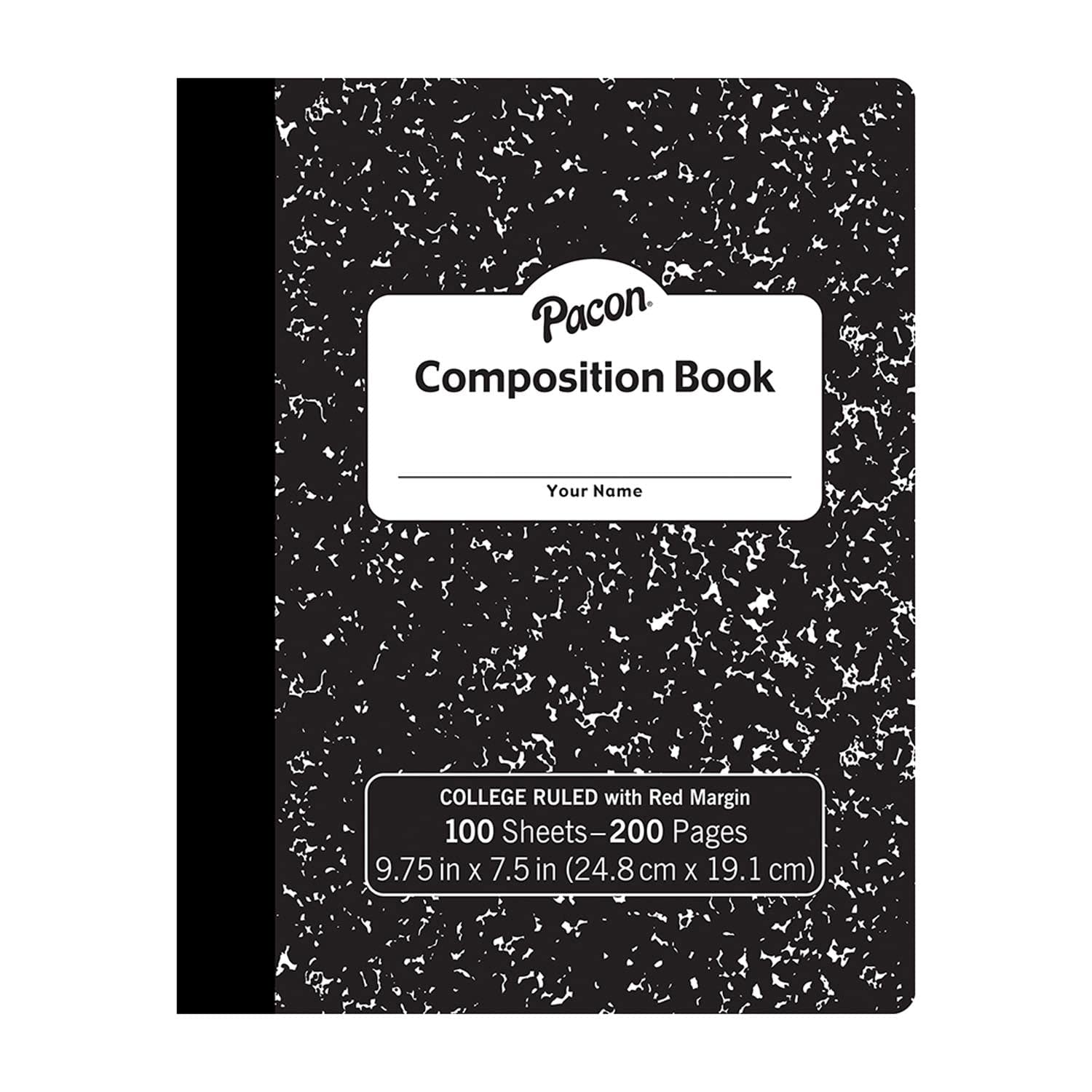 Pacon Composition Book, 9-13/16in x 7-1/2in, College Rule, 100 Sheets, Black Marble