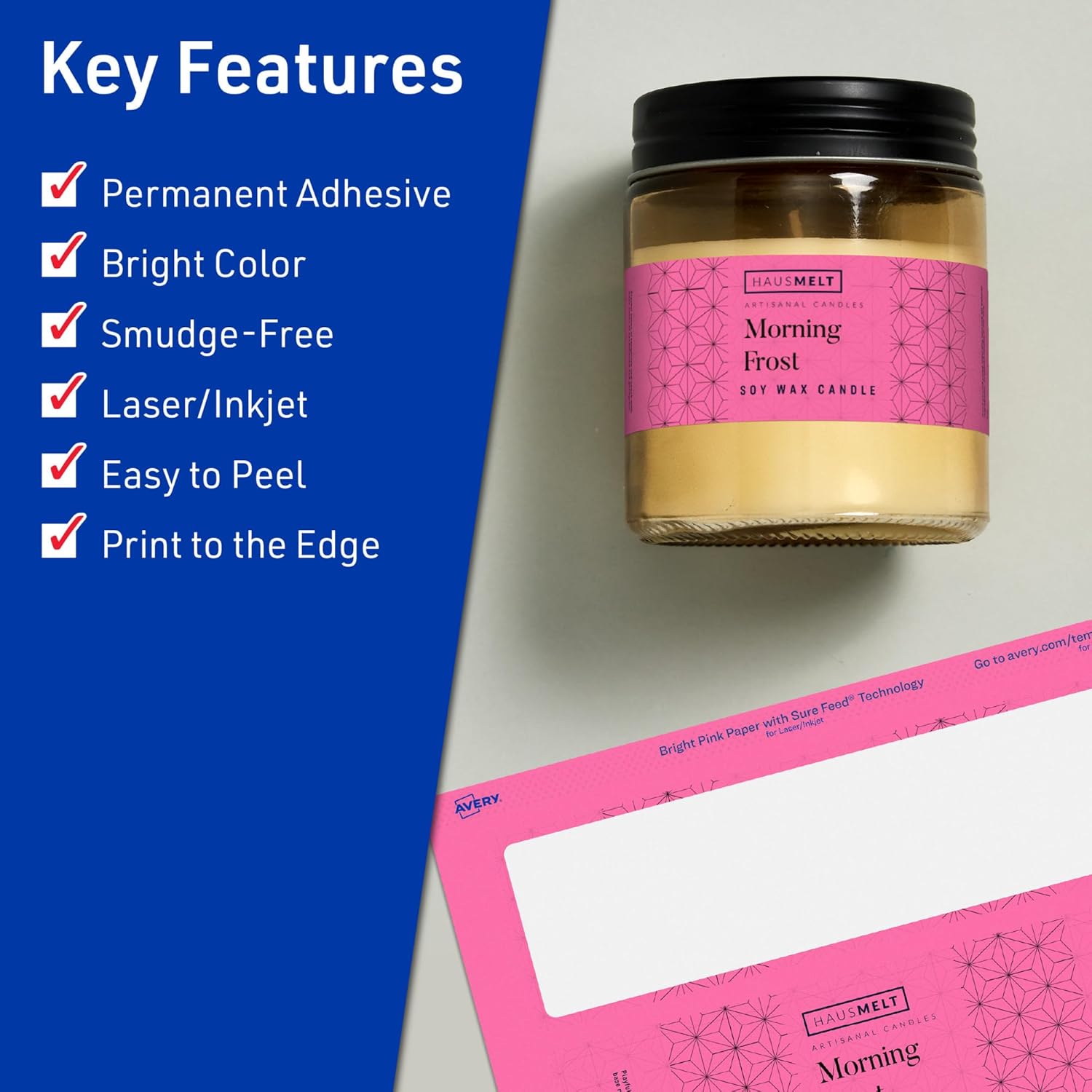 Avery Printable Rectangle Labels, Sure Feed Technology, 2\" x 7\", Bright Pink, Print-to-The-Edge, Laser/Inkjet Printable