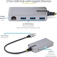 StarTech.com 3-Port USB Hub with Ethernet - 3X USB-A Ports - Gigabit Ethernet (RJ-45) - USB 3.0 5Gbps - Bus-Powered - 1ft/30cm Long Cable - Portable Laptop USB Hub Adapter w/GbE (5G3AGBB-USB-A-HUB)