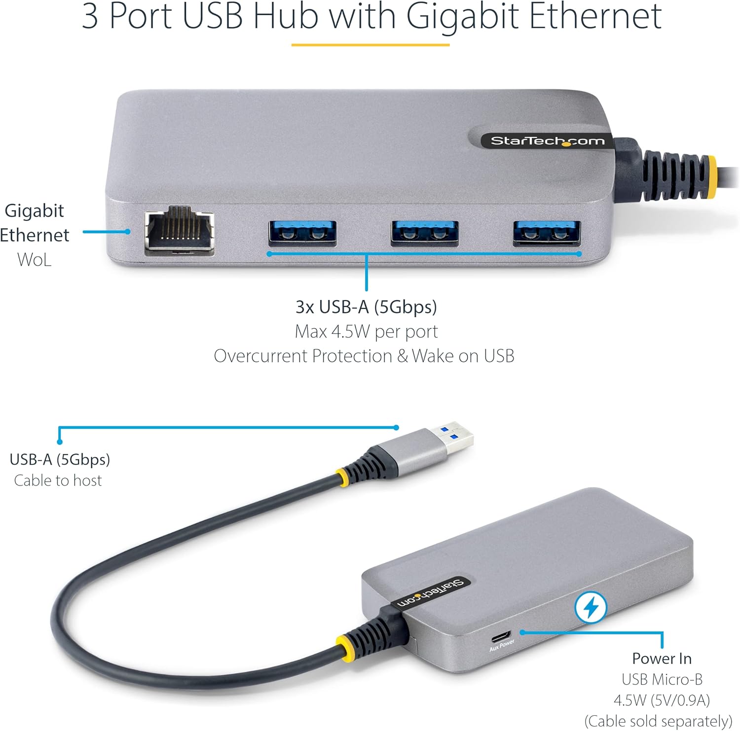 StarTech.com 3-Port USB Hub with Ethernet - 3X USB-A Ports - Gigabit Ethernet (RJ-45) - USB 3.0 5Gbps - Bus-Powered