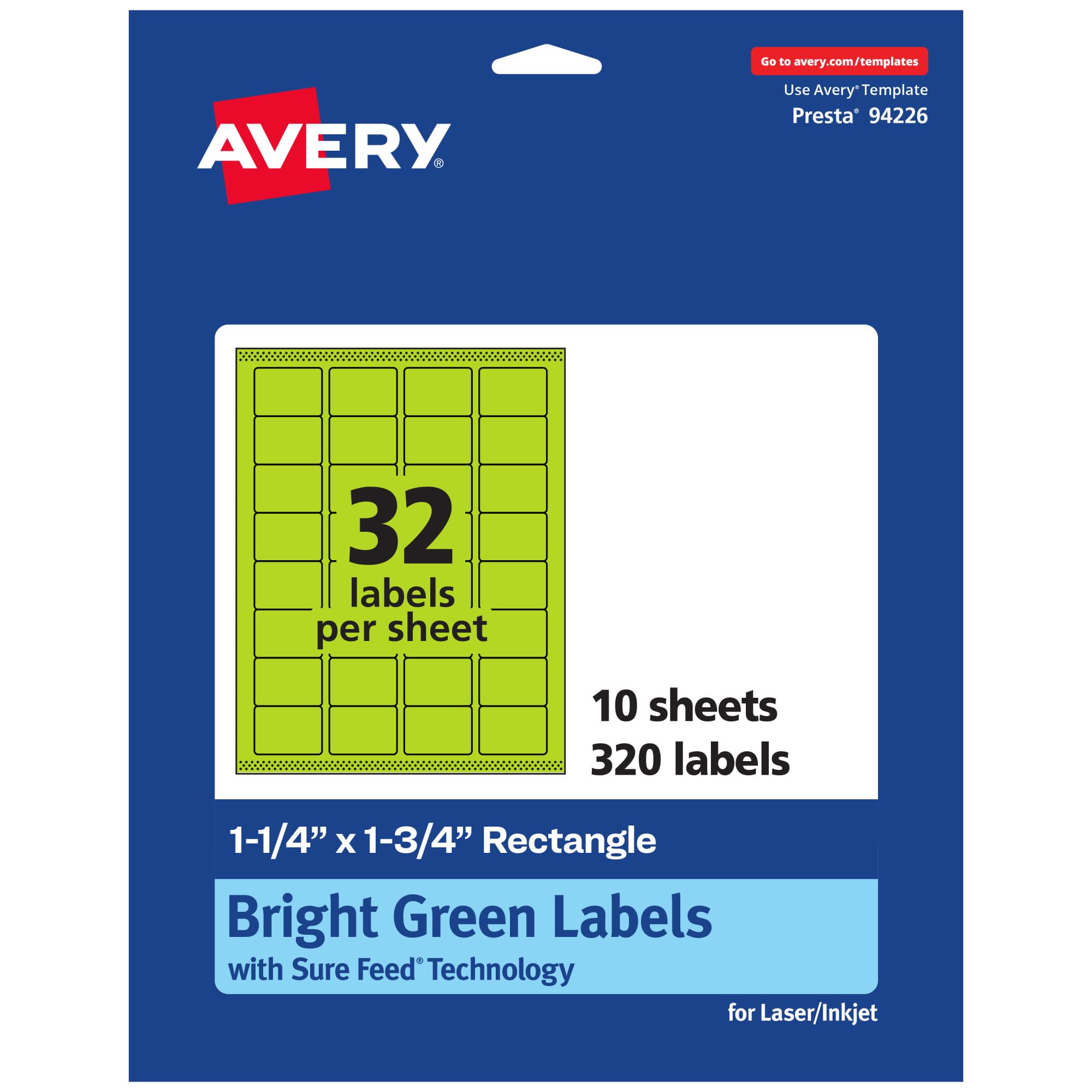 Avery Printable Rectangle Labels, Sure Feed Technology, 1-1/4" x 1-3/4", Bright Green Labels, Laser/Inkjet Printable