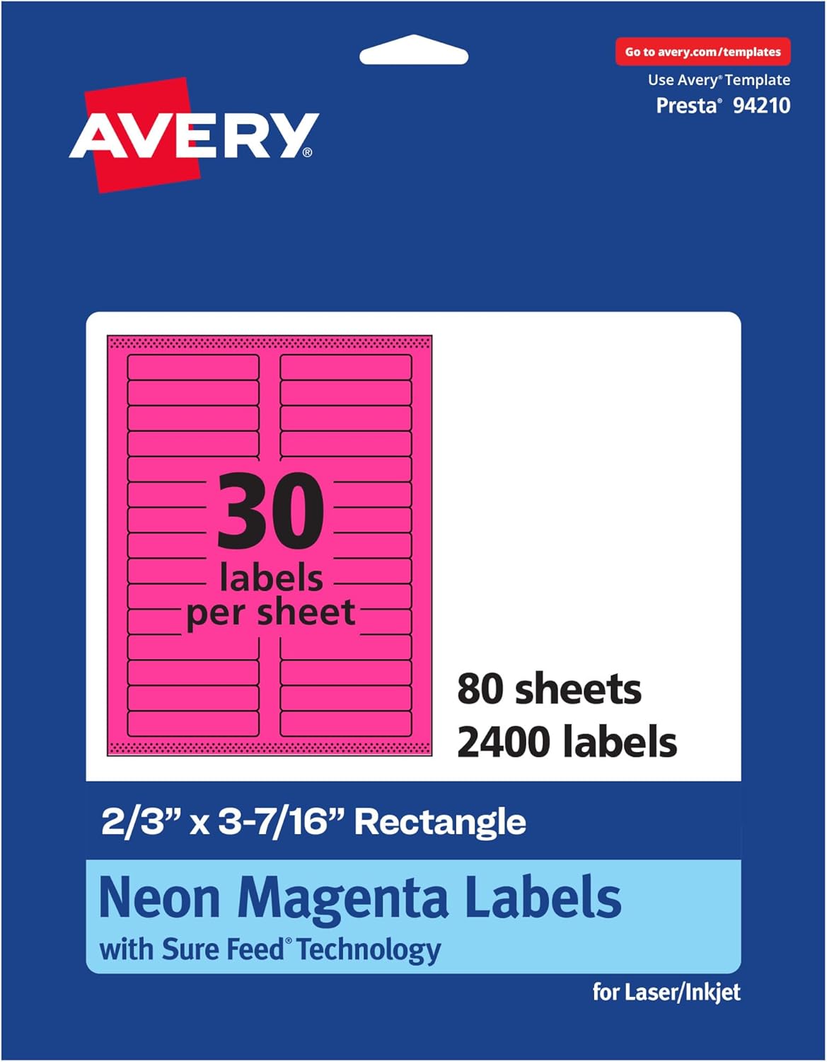 AVERY Printable Rectangle Labels, Sure Feed Technology, 2/3" x 3-7/16", Neon Magenta, Laser/Inkjet Printable