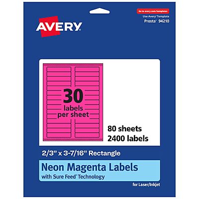 AVERY Printable Rectangle Labels, Sure Feed Technology, 2/3" x 3-7/16", Neon Magenta, Laser/Inkjet Printable