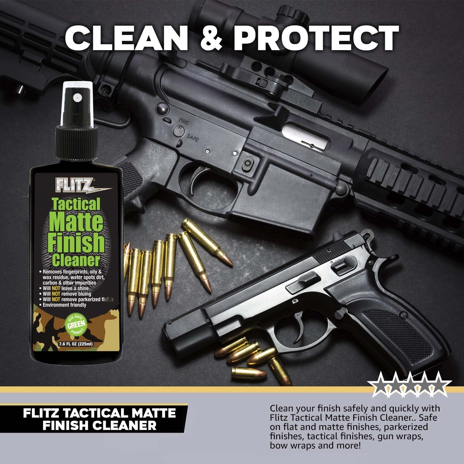 Flitz Tactical Matte Finish Cleaner - 7.6oz Bottle of USA-Made Gun Cleaner Spray to Remove Fingerprints, Oil