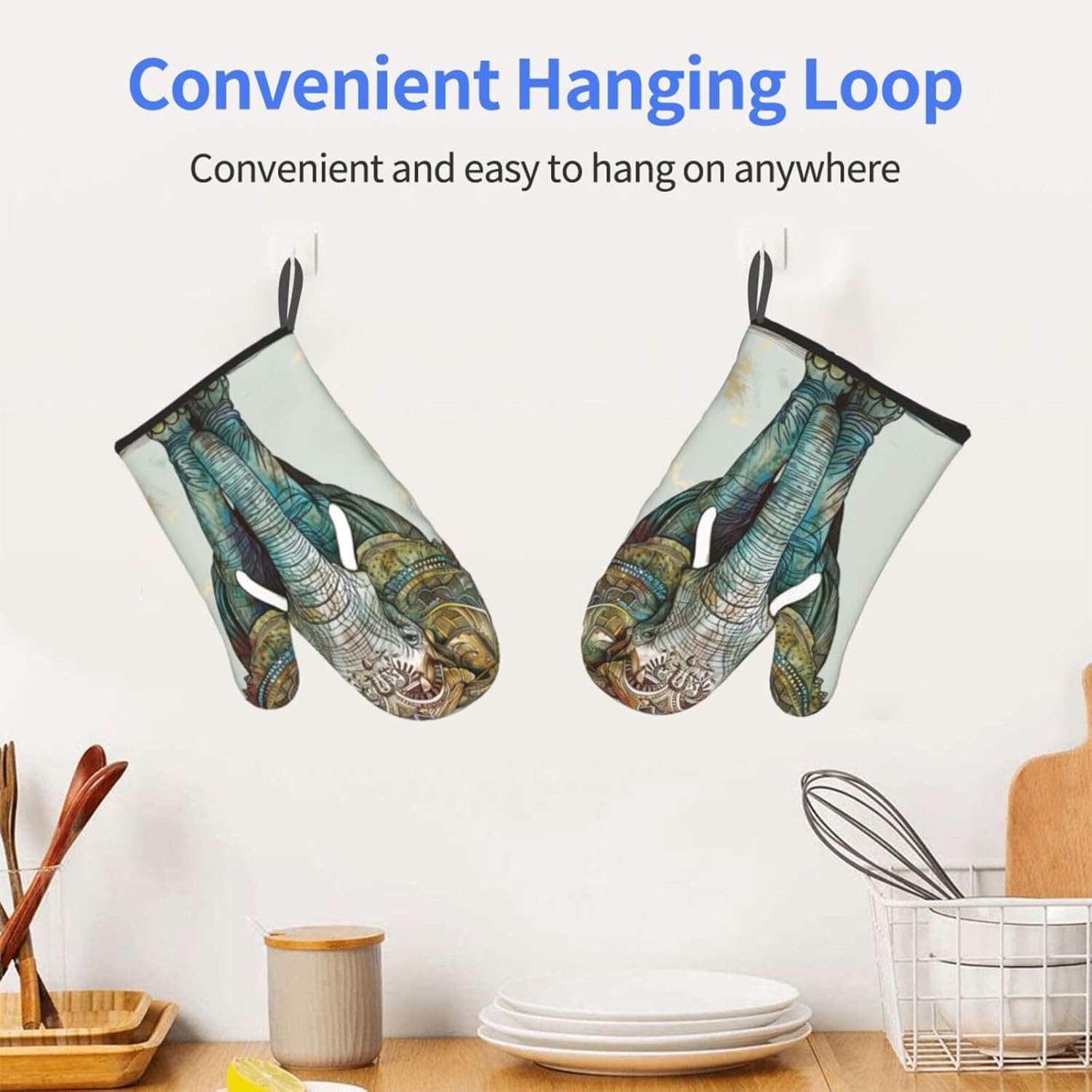 Elephant Print Printed Oven Mitts 2pcs - Heat Resistant Waterproof Fabric Oven Gloves for Kitchen, Baking