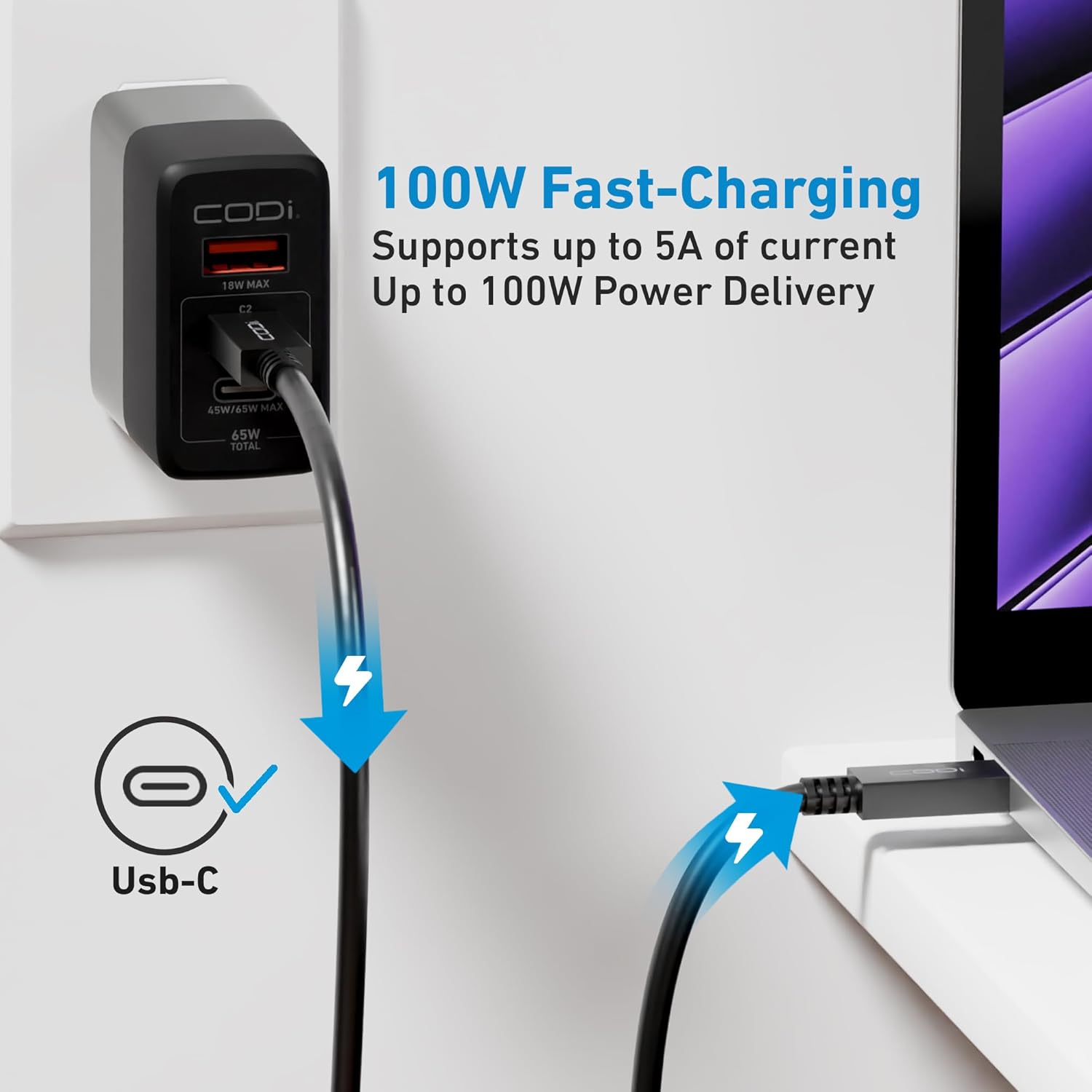 CODi 3ft USB-C to USB-C Cable – USB 3.2 Gen 2, 100W PD Charging, 10Gbps Data Transfer, 4K@60Hz Video Support