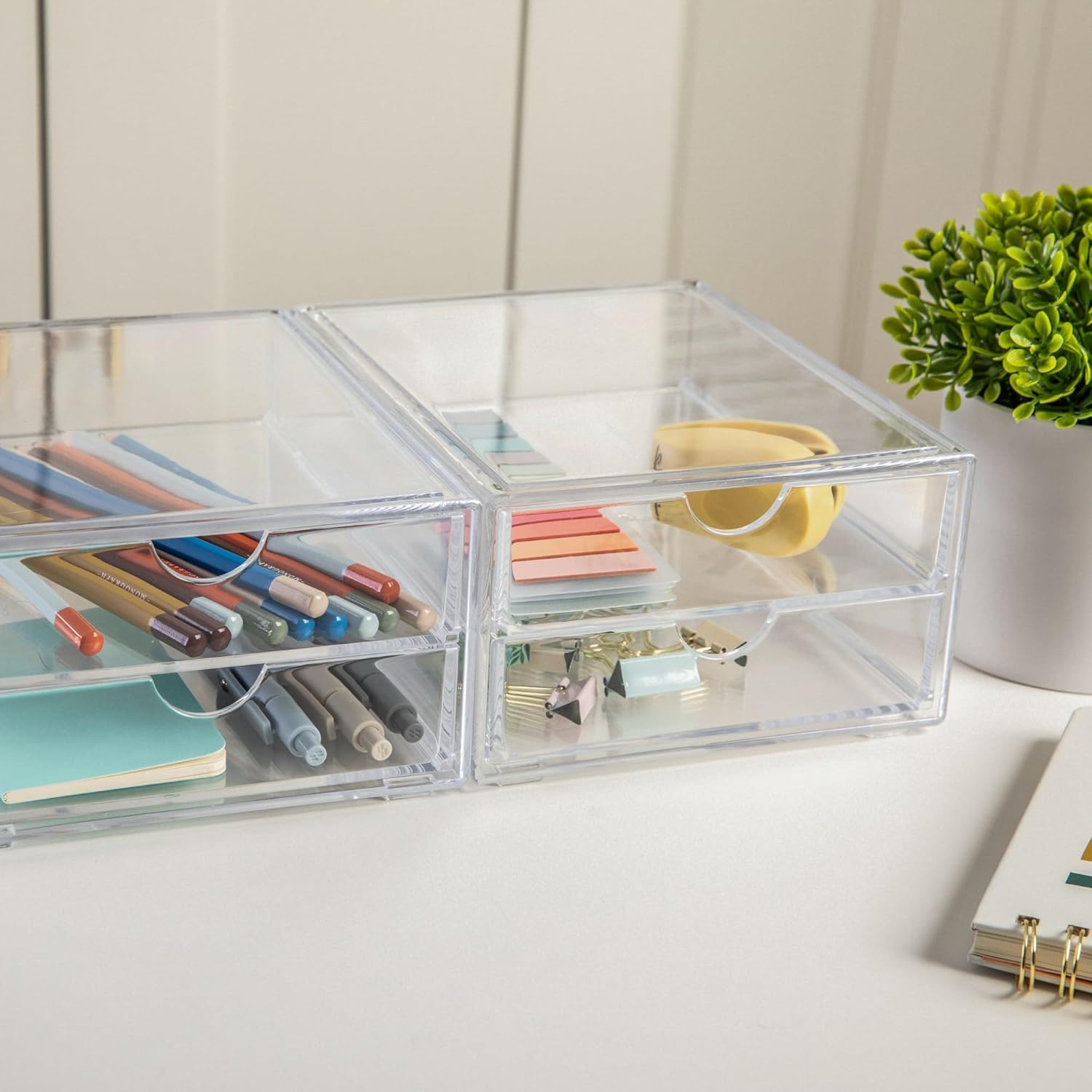 Martha Stewart Brody Desk Organizer with Drawers, Stackable Plastic Storage Box