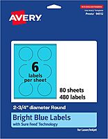 Avery Printable Round Labels, Sure Feed Technology, 2.75" Diameter, Bright Blue