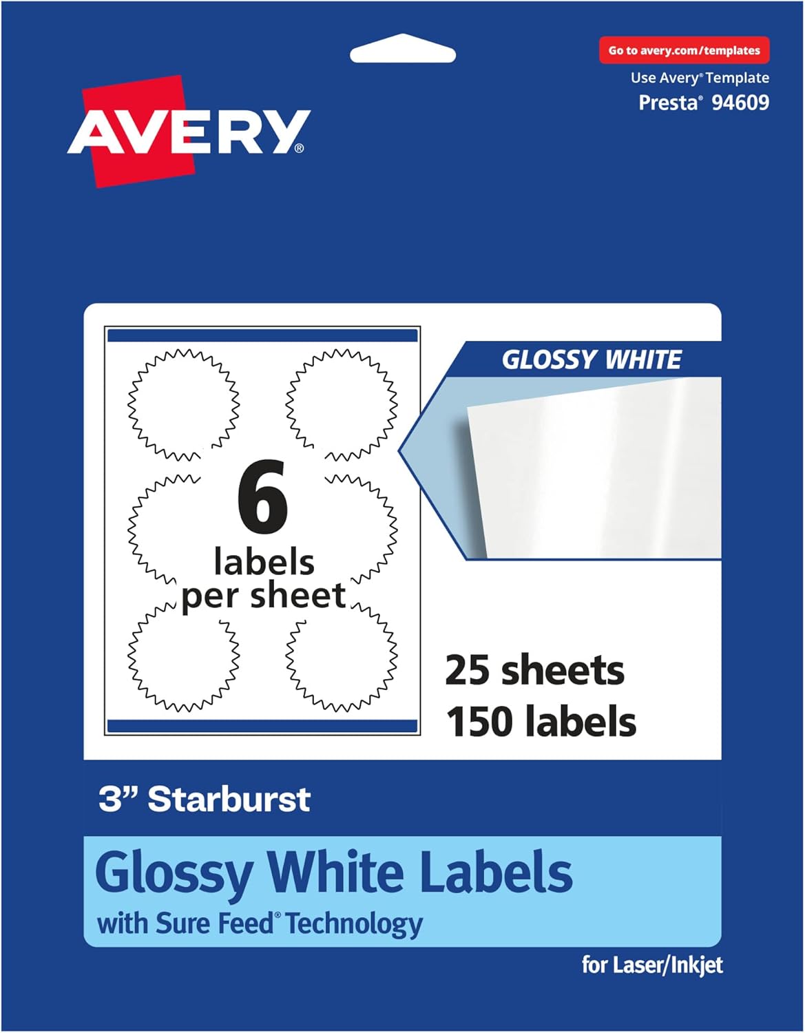 Avery Glossy White Starburst Labels, Sure Feed Technology, 3", Print-to-the-Edge, Permanent Adhesive, Laser/Inkjet Printable