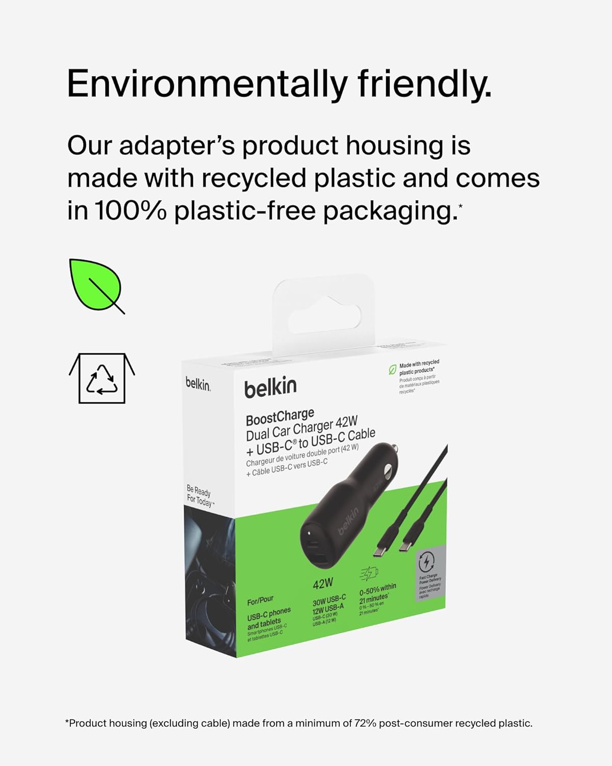 Belkin BoostCharge 42-Watt Dual Port Fast Car Charger with30W USB-C & 12W USB-A Ports
