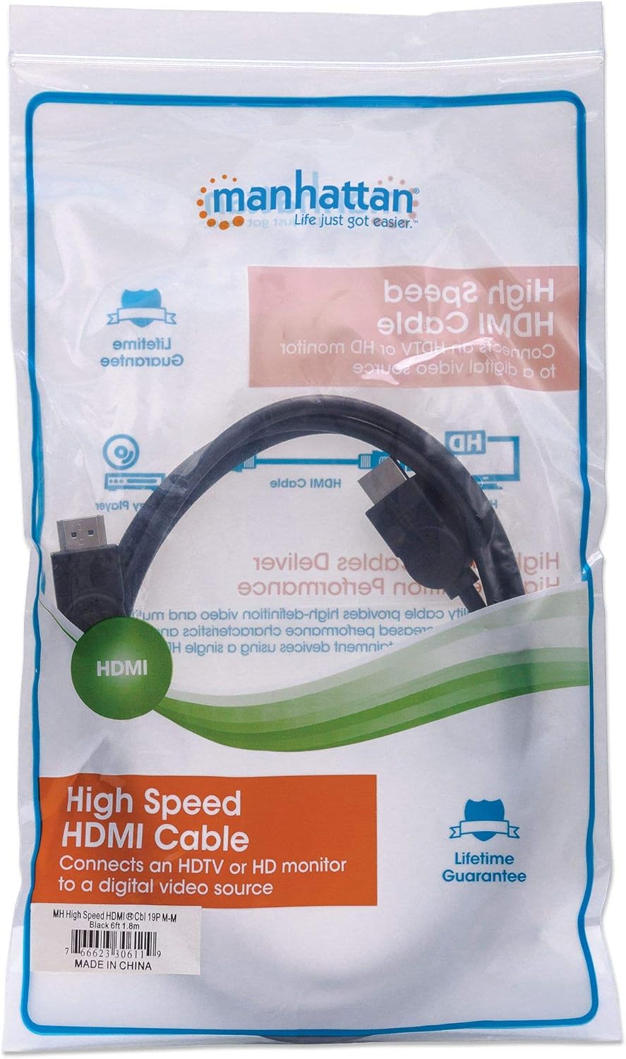 Manhattan 306119 High Speed HDMI Cable, M-M, 1.8-Meter,Black 1.8 m (6 ft)