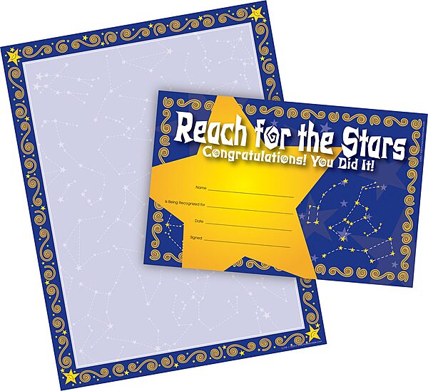Barker Creek Reach for The Stars Paper and Award Set, Recognize Achievement with 30 Colorful Reach for The Stars Recognition Awards and 50 Sheets of Coordinating Computer Paper (3724)