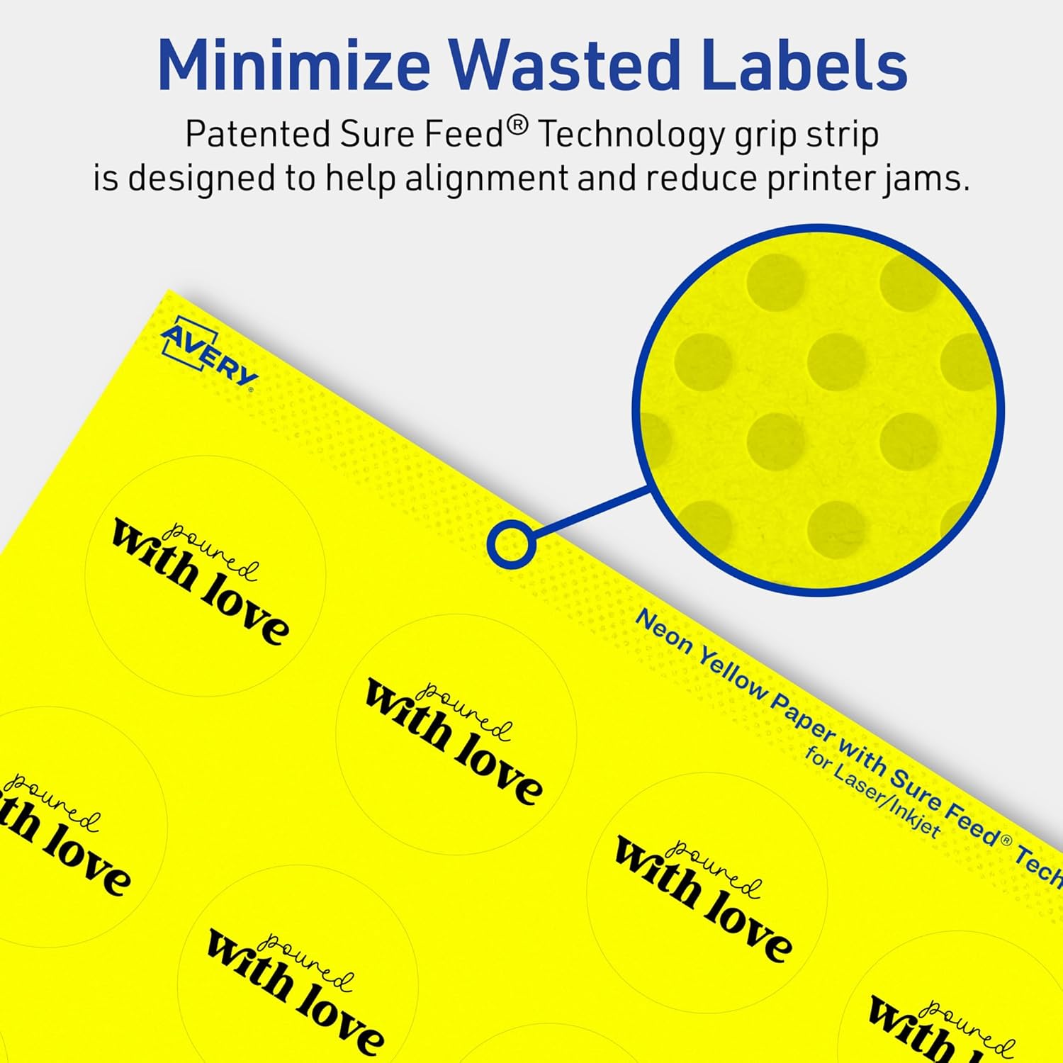 Avery Printable Round Labels, Sure Feed Technology, 1-5/8" Diameter, Neon Yellow, Print-to-the-Edge, Laser/Inkjet Printable