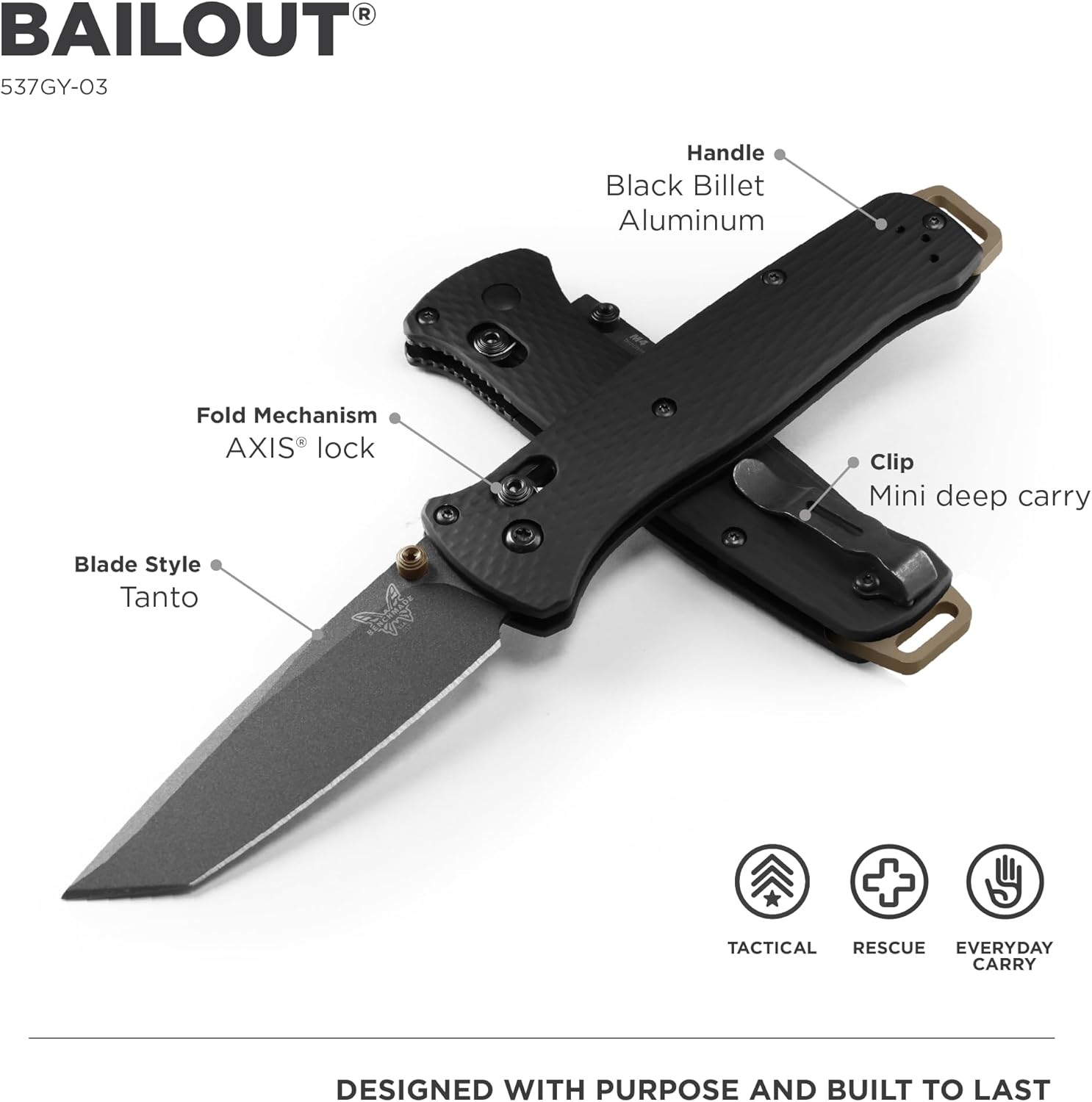 BENCHMADE Bailout 537 Tactical EDC Knife - Tanto Blade, AXIS Lock