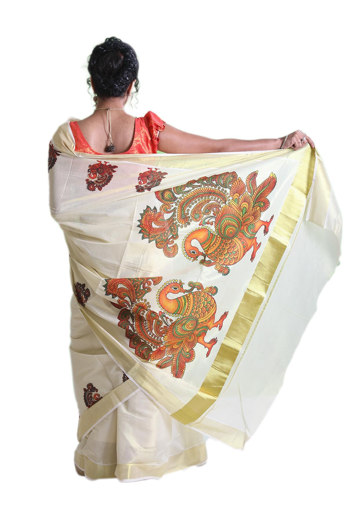 Kuthampully Kerala Kasavu Saree Tissue Mural Painted | Traditional South Indian Saree | Onam Saree - Multi Color KTM-821