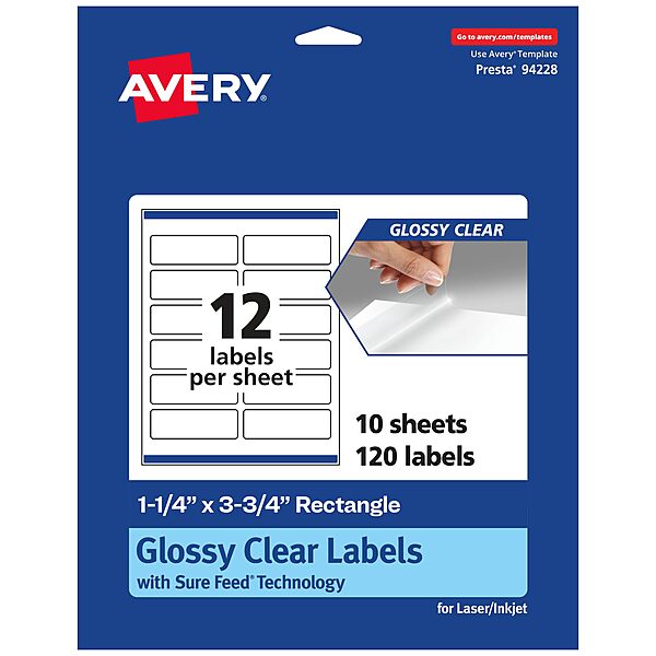 Avery Glossy Clear Rectangle Labels, Sure Feed Technology, 1.25" x 3.75"
