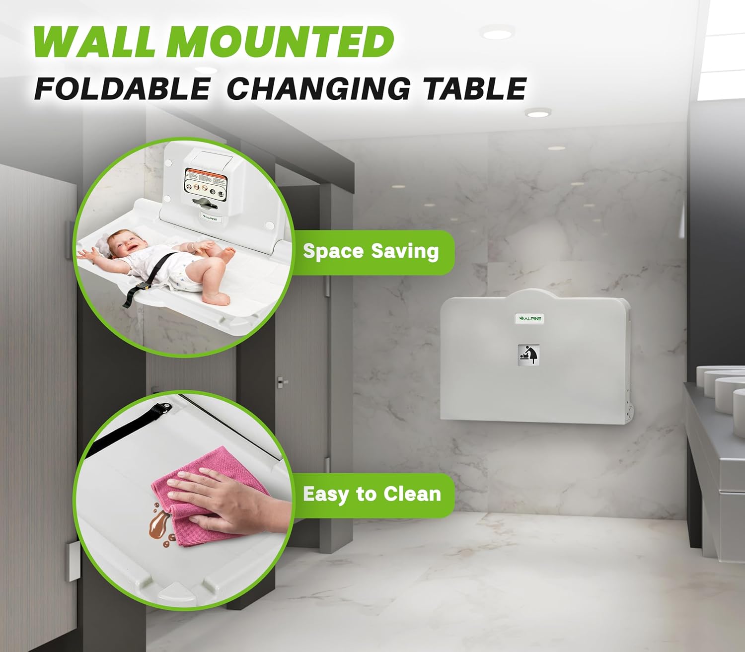 Alpine Wall Mounted Baby Changing Station - Horizontal Baby Changing Table Foldable Diaper Tables with Safety Strap