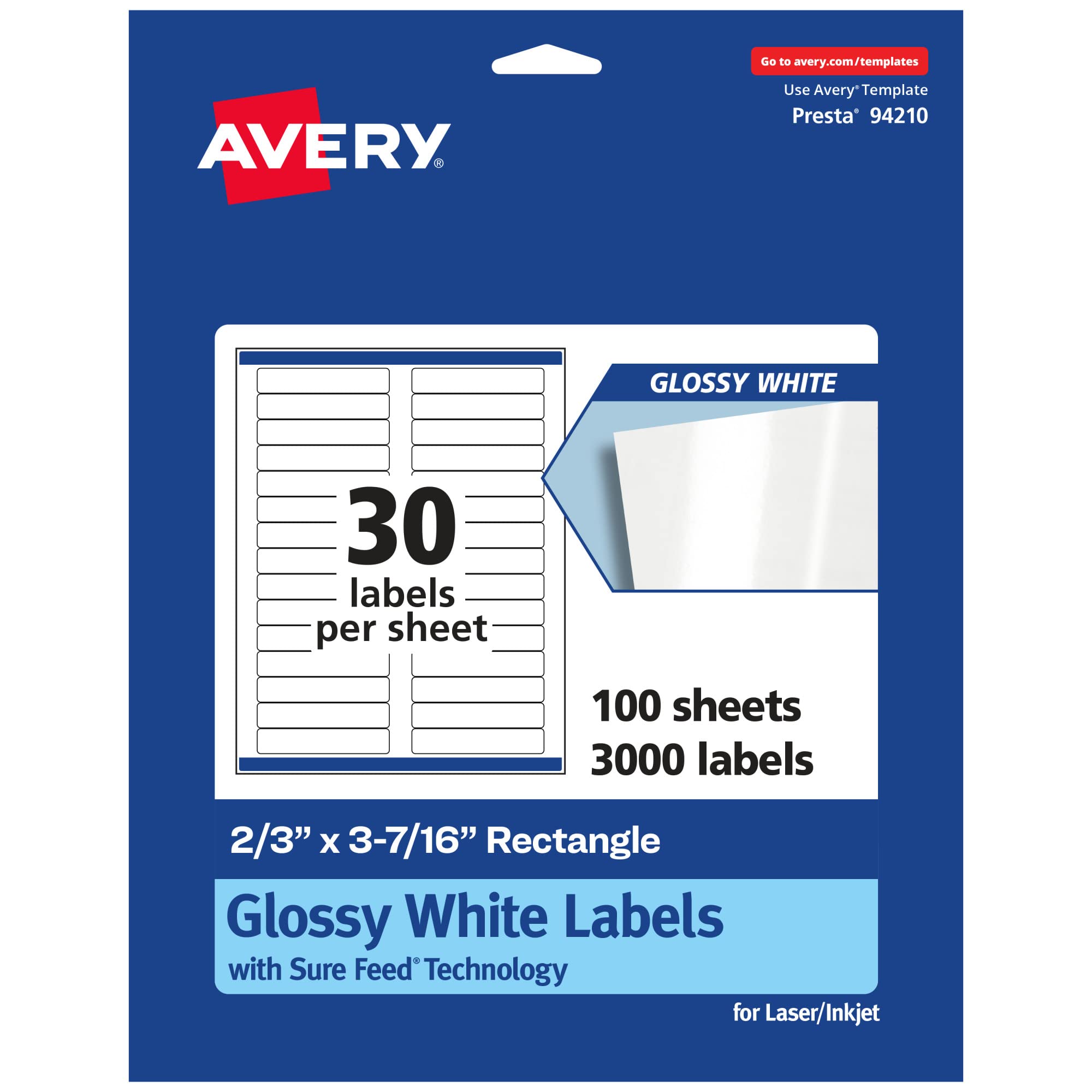 AVERY Glossy White Rectangle Labels, Sure Feed Technology, 2/3" x 3-7/16"