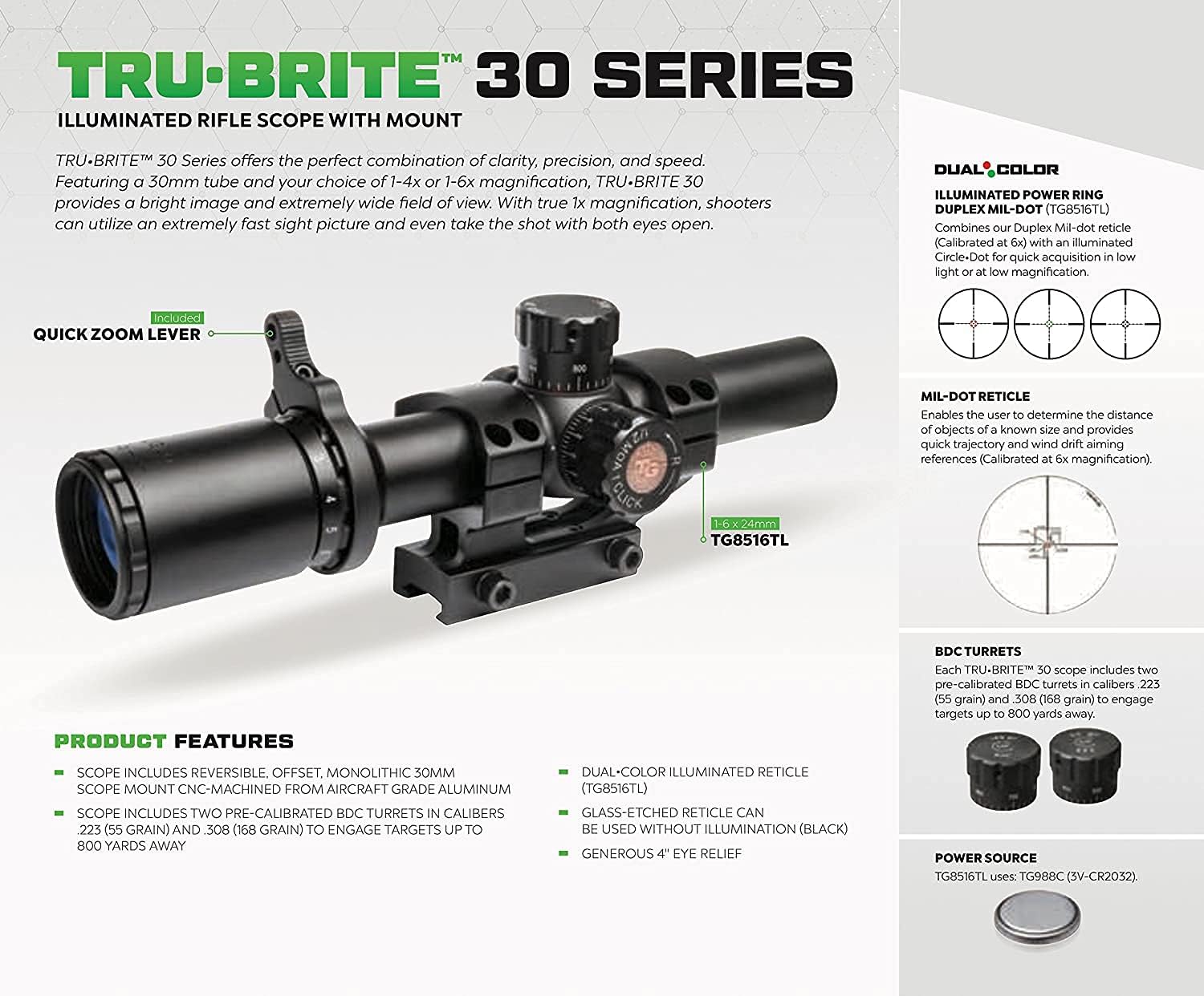 TRUGLO TRU-BRITE 30 Series Dual-Color Illuminated Reticle Rifle Scope with Mount