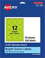 Avery Printable Round Labels, Sure Feed Technology, 2-1/4" Diameter, Bright Green, Print-to-the-Edge, Laser/Inkjet Printable