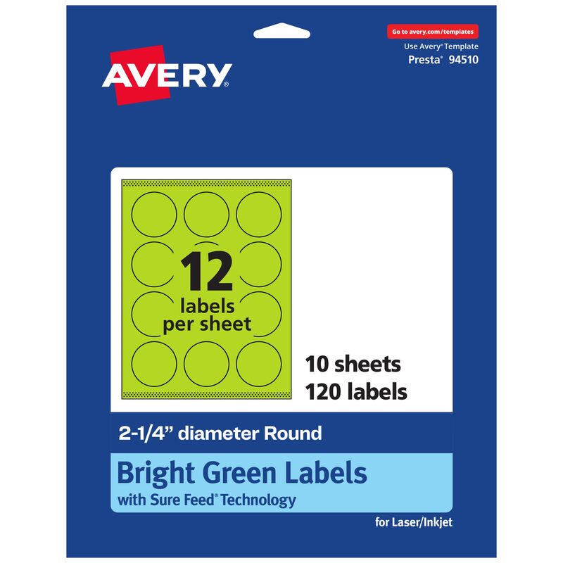 Avery Printable Round Labels, Sure Feed Technology, 2-1/4" Diameter, Bright Green, Print-to-the-Edge, Laser/Inkjet Printable