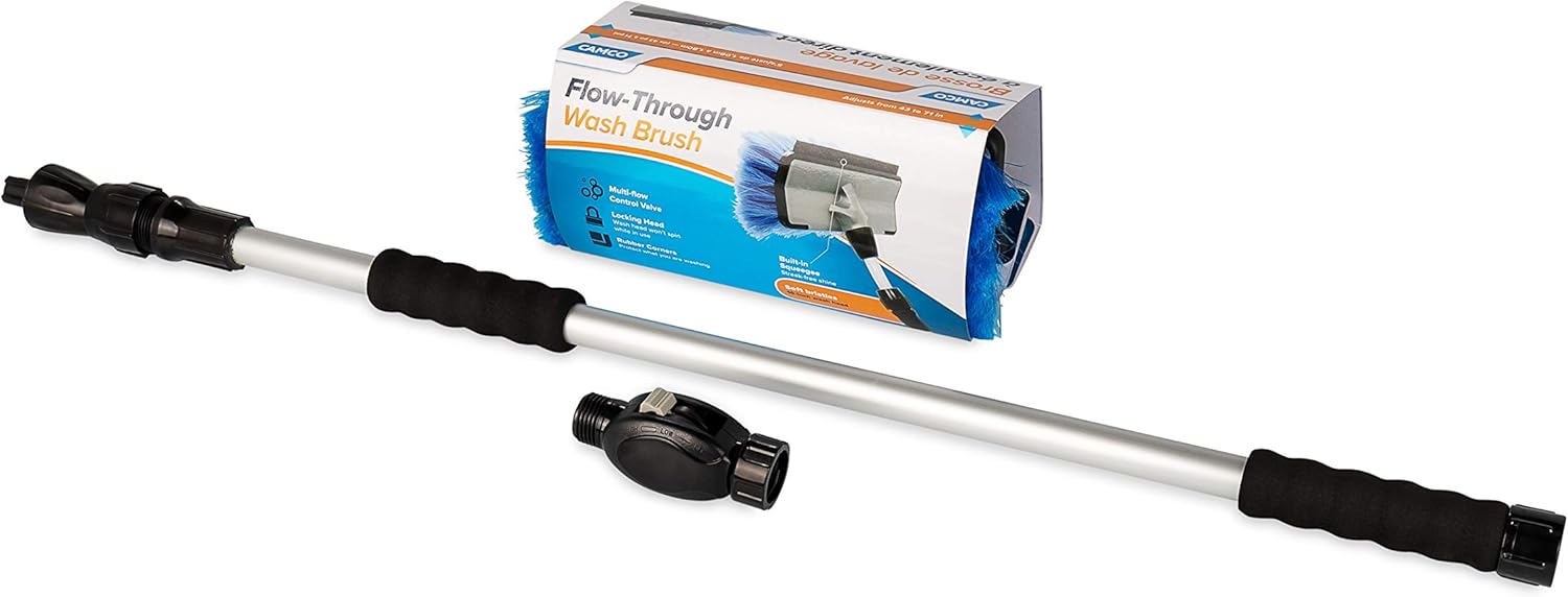 Camco 43633, RV Flow-Through Wash Brush | Features an Adjustable Handle, a Standard Garden Hose Connection