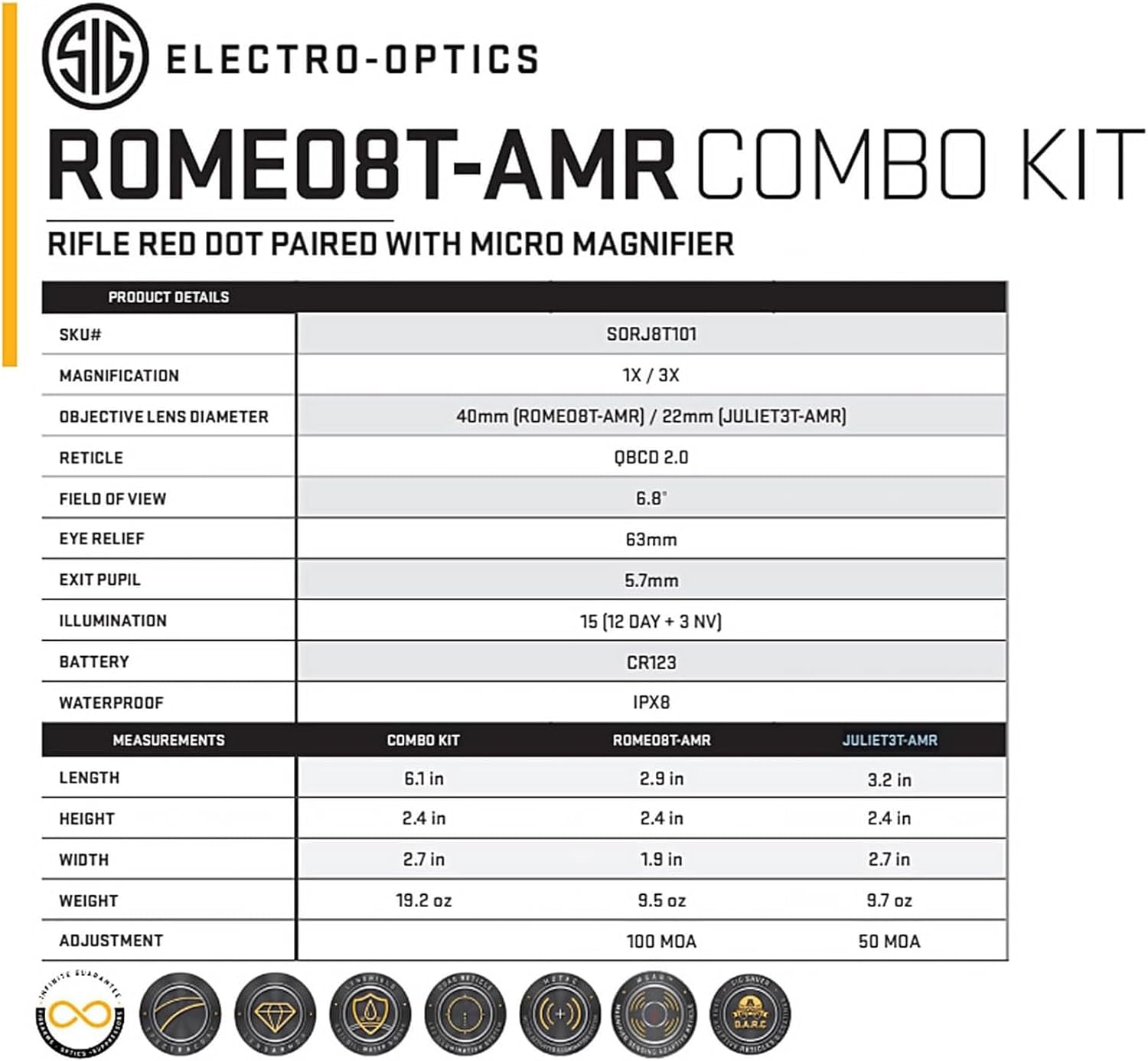 SIG SAUER ROMEO8T-AMR 1x40mm Red Dot Sight & JULIET3T-MICRO 3x22mm Magnifier Combo | Waterproof Electro-Optics Kit with QBCD
