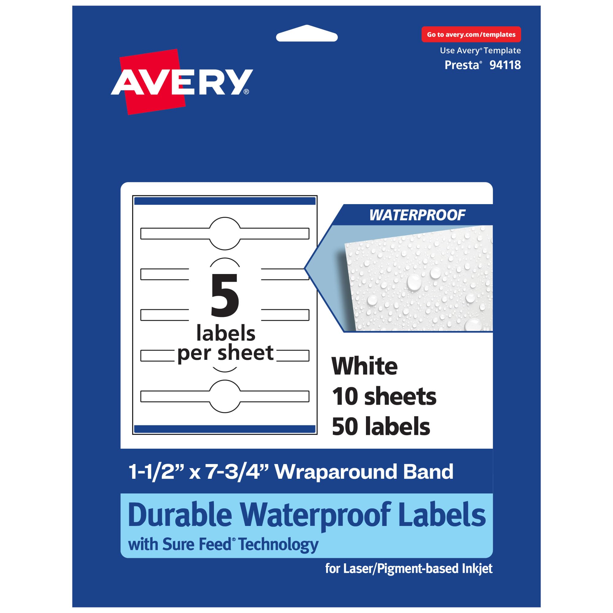Avery Durable Waterproof Wraparound Band Labels, Sure Feed Technology, 1.5" x 7.75"