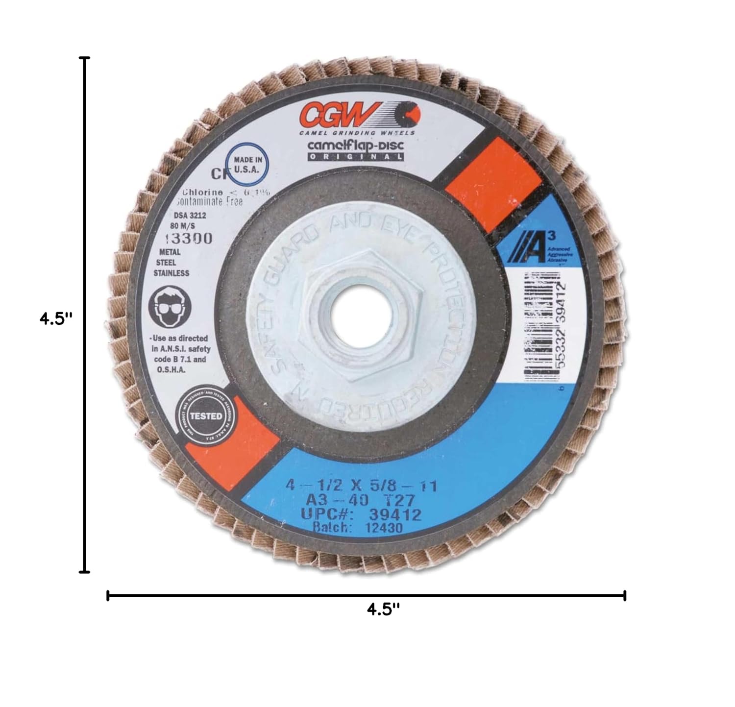 4 1/2 in (OD) Regular 27 Depressed Center AO Flap Disc, 40 (Medium), 5/8-11 inches Arbor (421-39412)