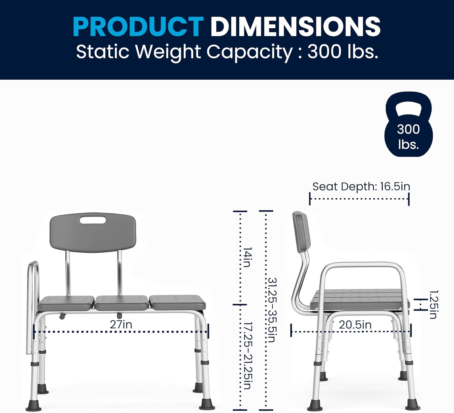 Flash Furniture HERCULES Series 300 Lb. Capacity Adjustable Bath & Shower Transfer Bench with Back and Side Arm