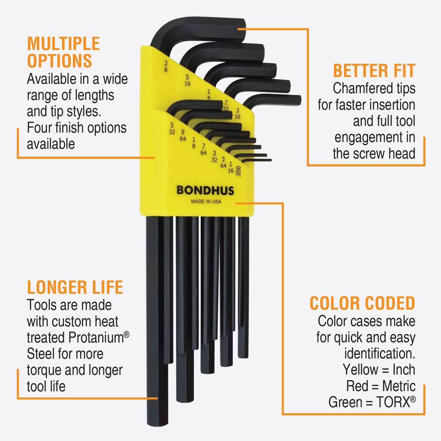 Bondhus 22199 Hex L-wrench DoublePK,Long Length,12137 .050-3/8" & 12199 1.5-10mm, Multicolor, One Size